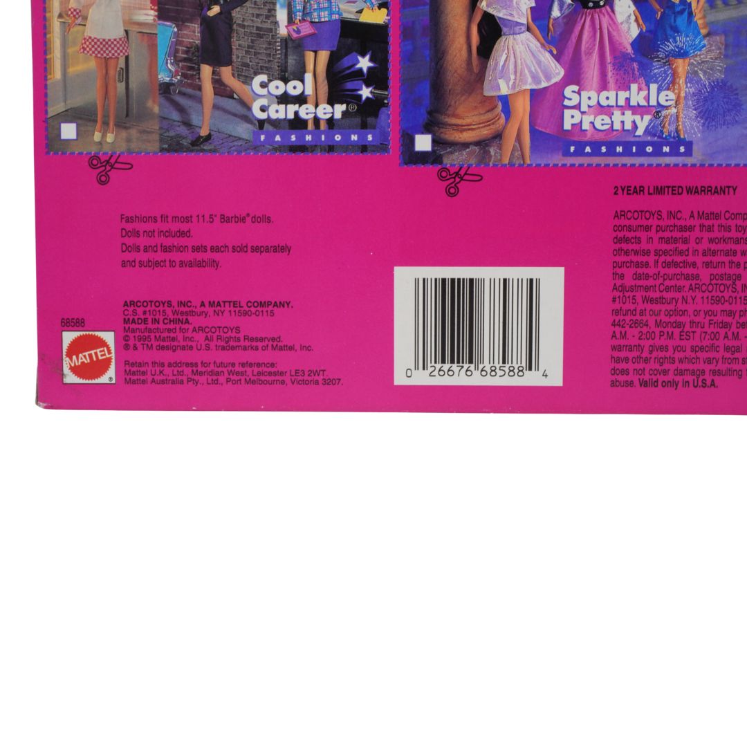 Barcode and branding information on the back of a vintage Barbie accessory box