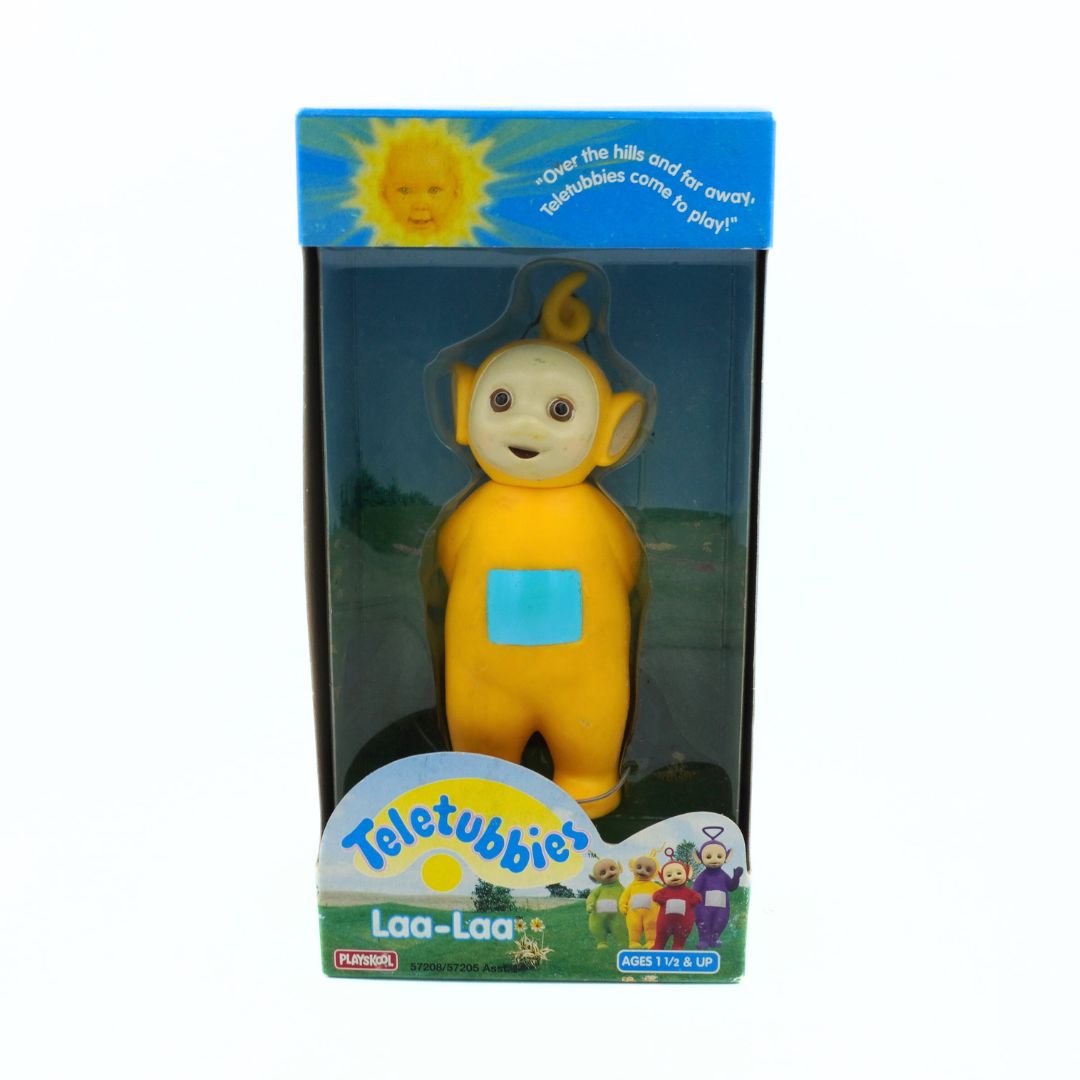 Yellow Teletubbies character in packaging with branding