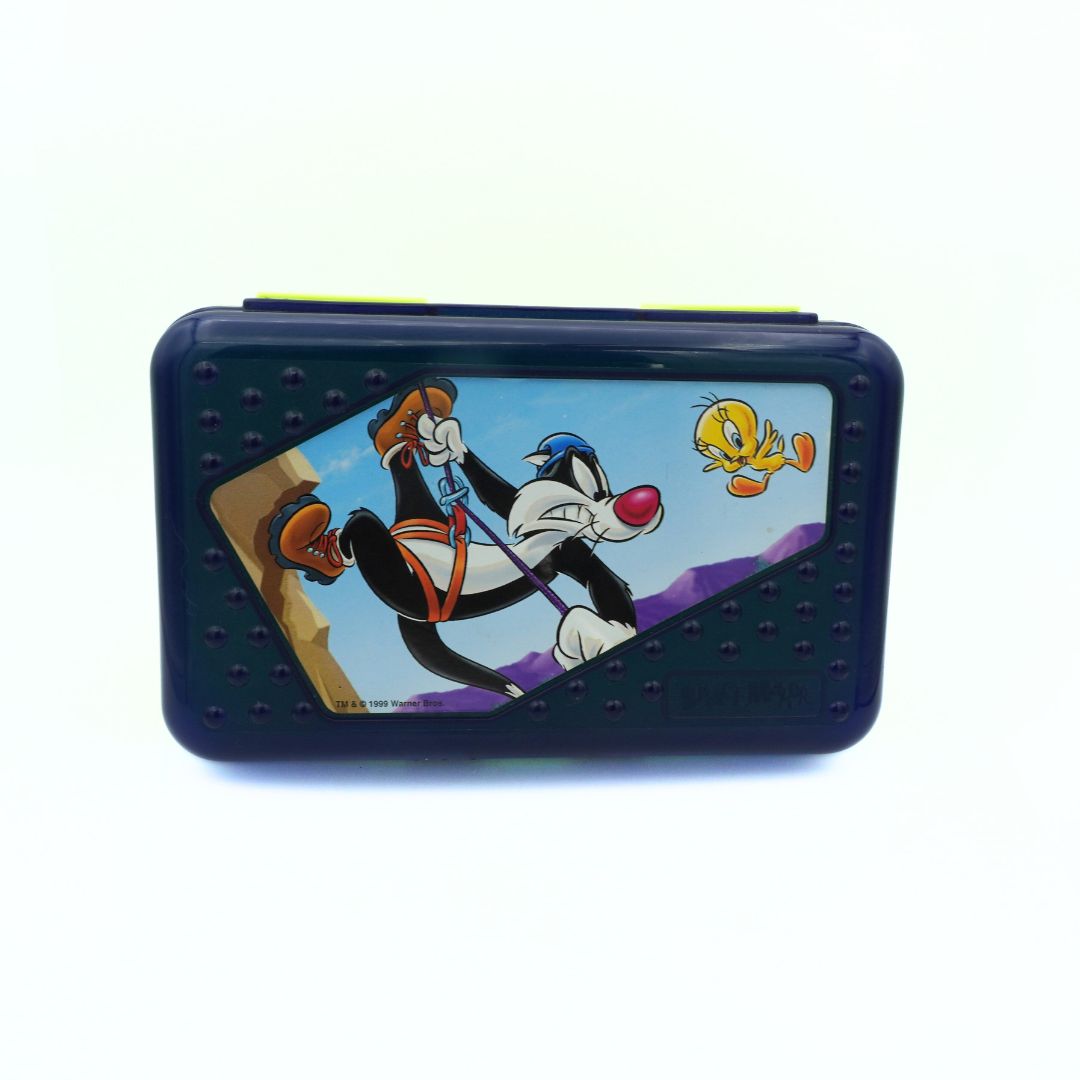Front on photo of a 1998 Looney Tunes Tweety & Sylvester plastic case with a navy colour