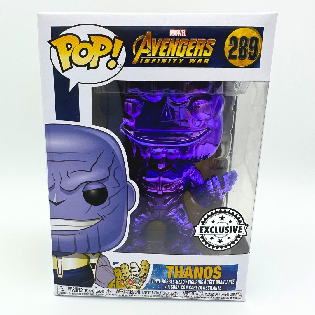 A front on photo of the 289 Funko Pop Thanos figure with an exclusive chrome finish. The box includes a silver exclusive sticker, Pop Vinyl and Avengers branding