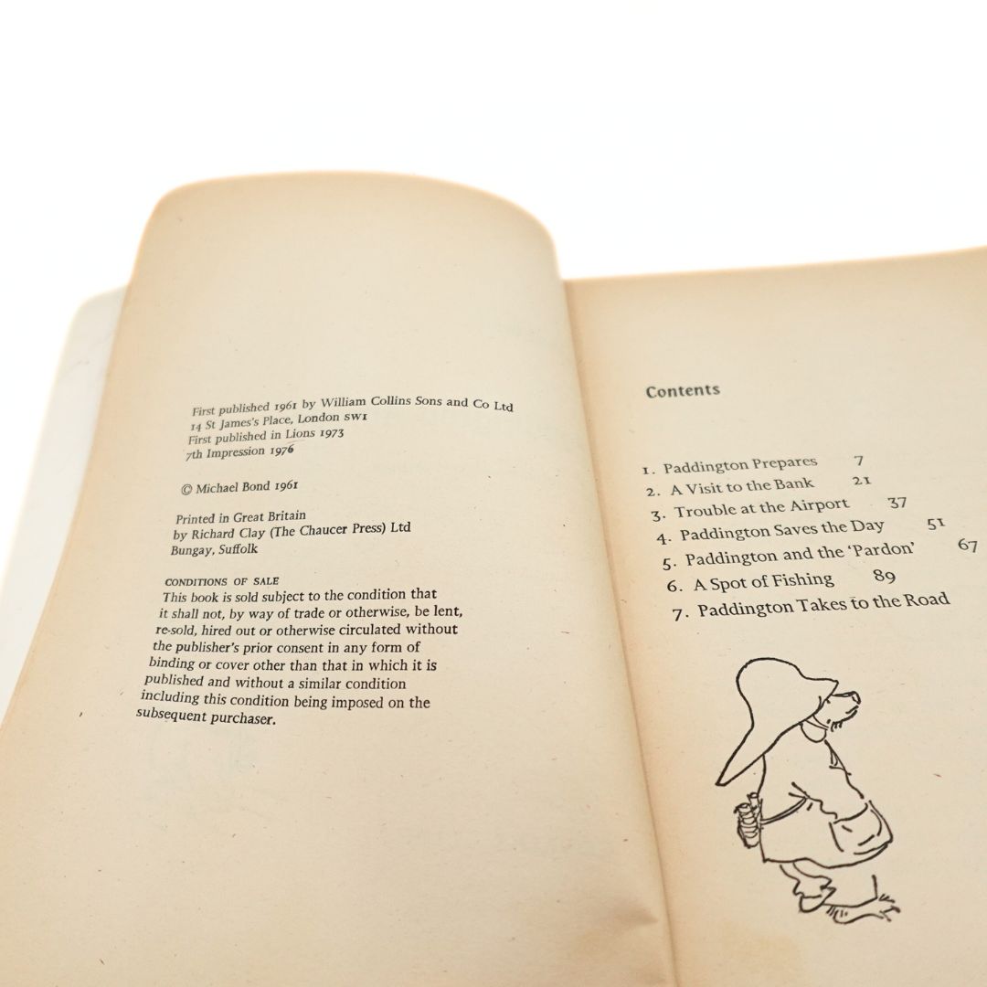 Publishing information on a 1976 paperback edition of Paddington Abroad