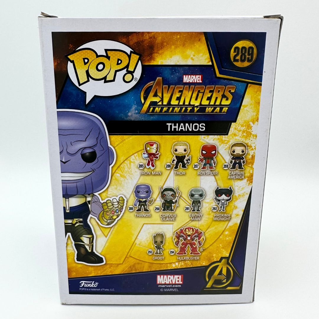 The back of the 289 Thanos Avengers Infinity War Funko Pop box featuring the other characters in the range