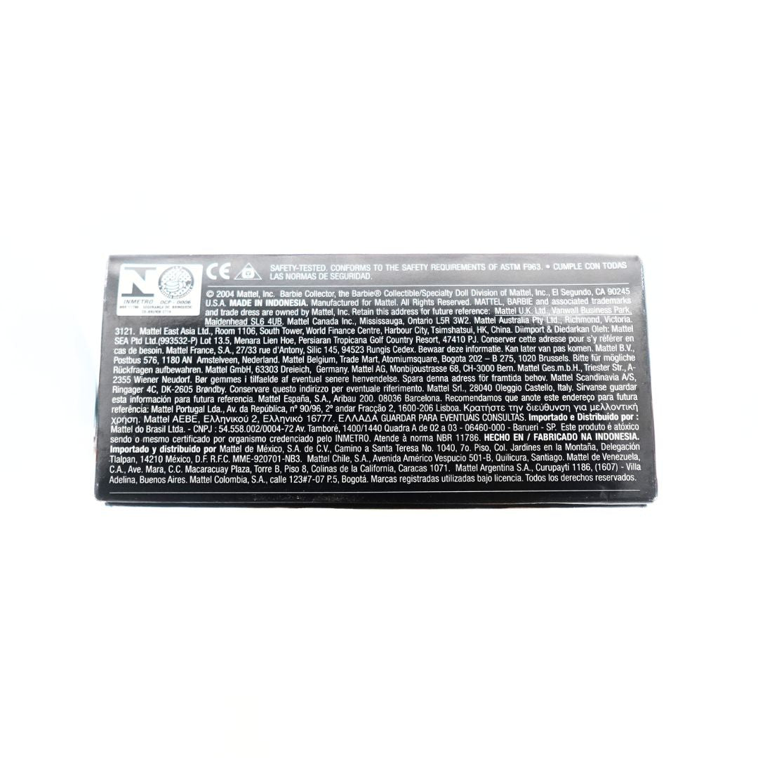 Underside of the copyright and packaging details of the Renaissance Barbie