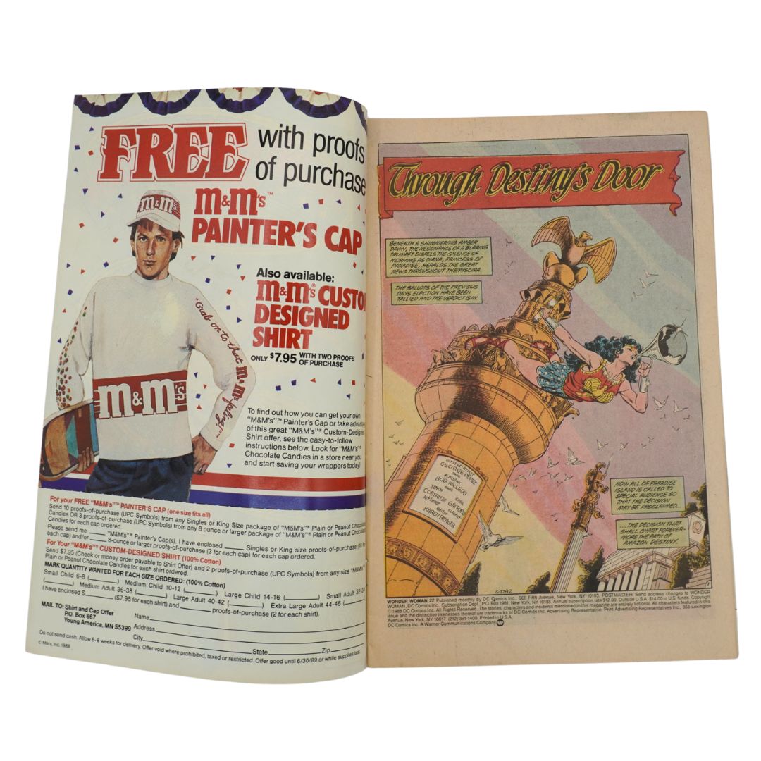 Open magazine with M&M's advertisement on the left and a comic strip on the right.