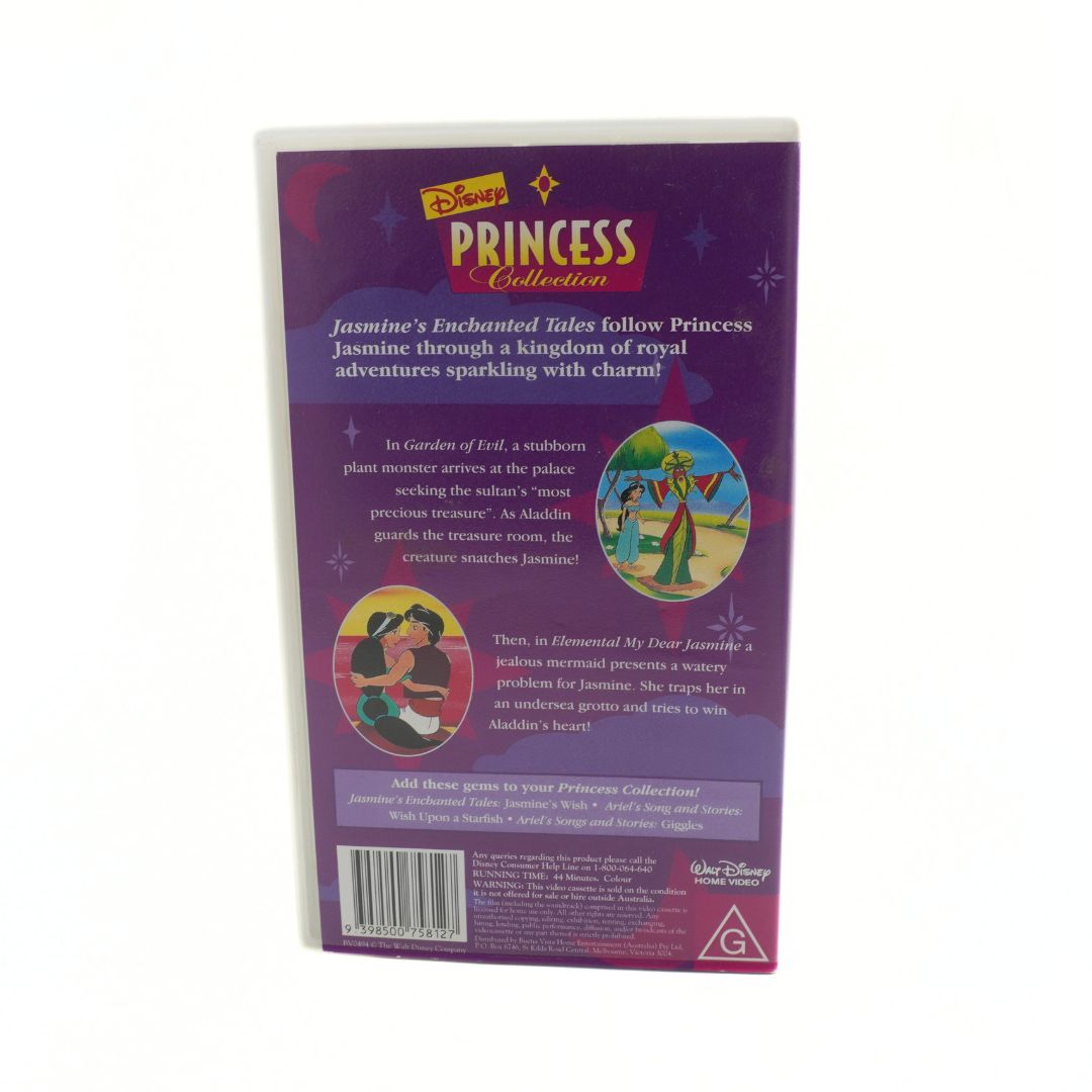 Back cover of a Disney Princess collection VHS tape with text and graphics.