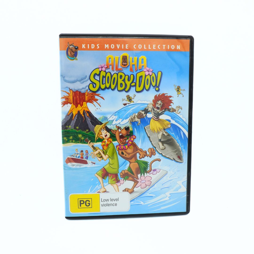 DVD cover of 'Aloha Scooby-Doo!' with cartoon characters on a white background