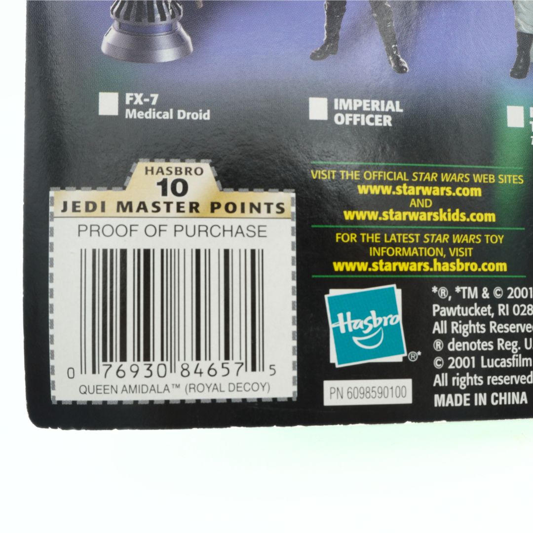 Hasbro branding and barcode on the back of a 2001 Star Wars Queen Amidala Royal Decoy cardback