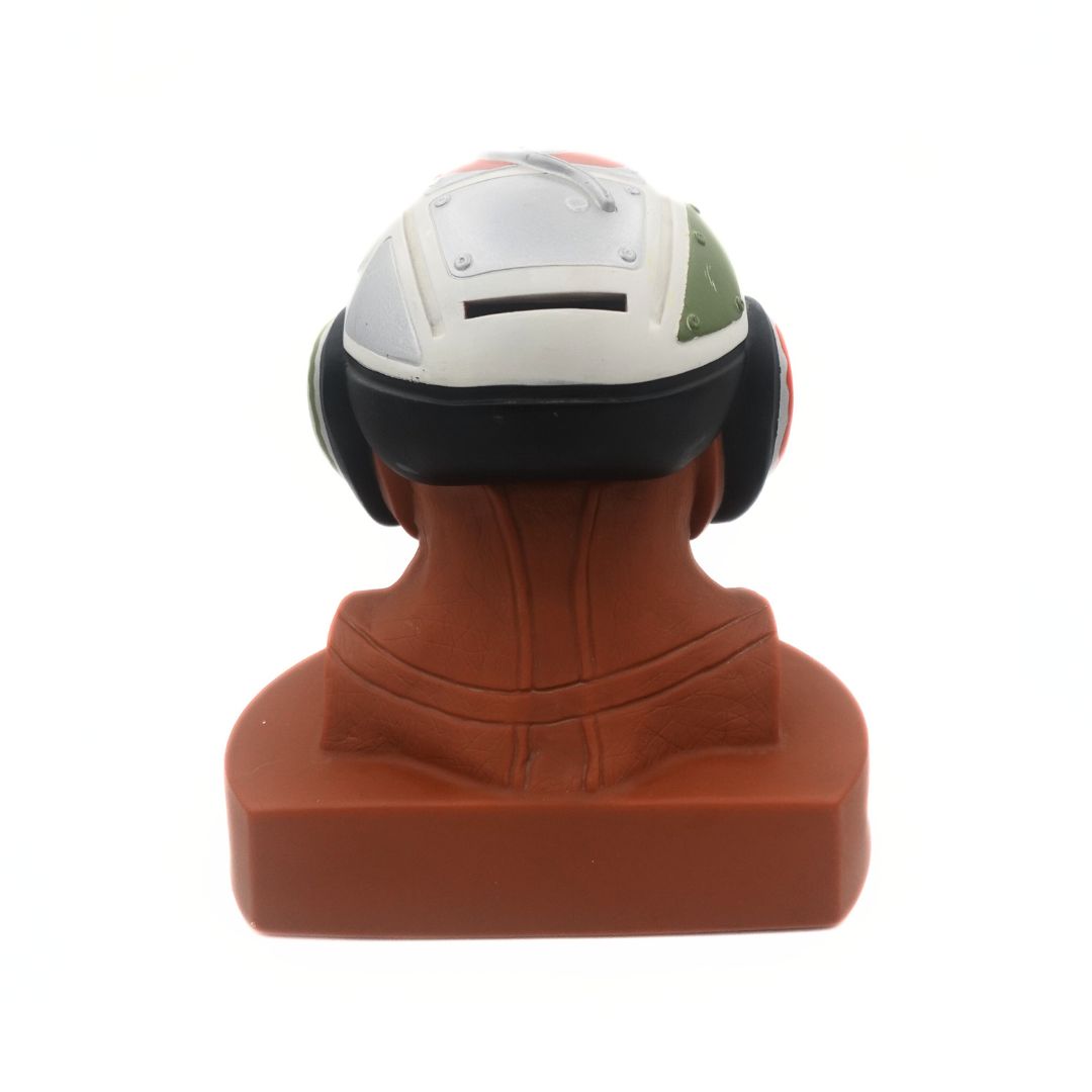 Back on photo of a 1999 Anakin Star Wars Money box with a pod racing helmet