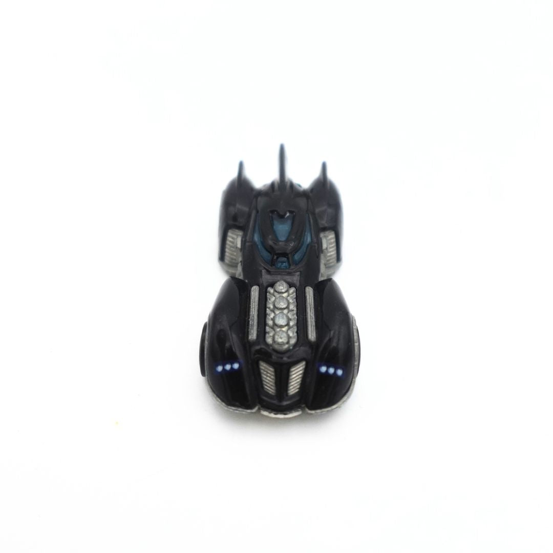 Top down photo of the 2010 Hot Wheels Arkham Asylum Batmobile diecast toy car featuring hot rod detailing