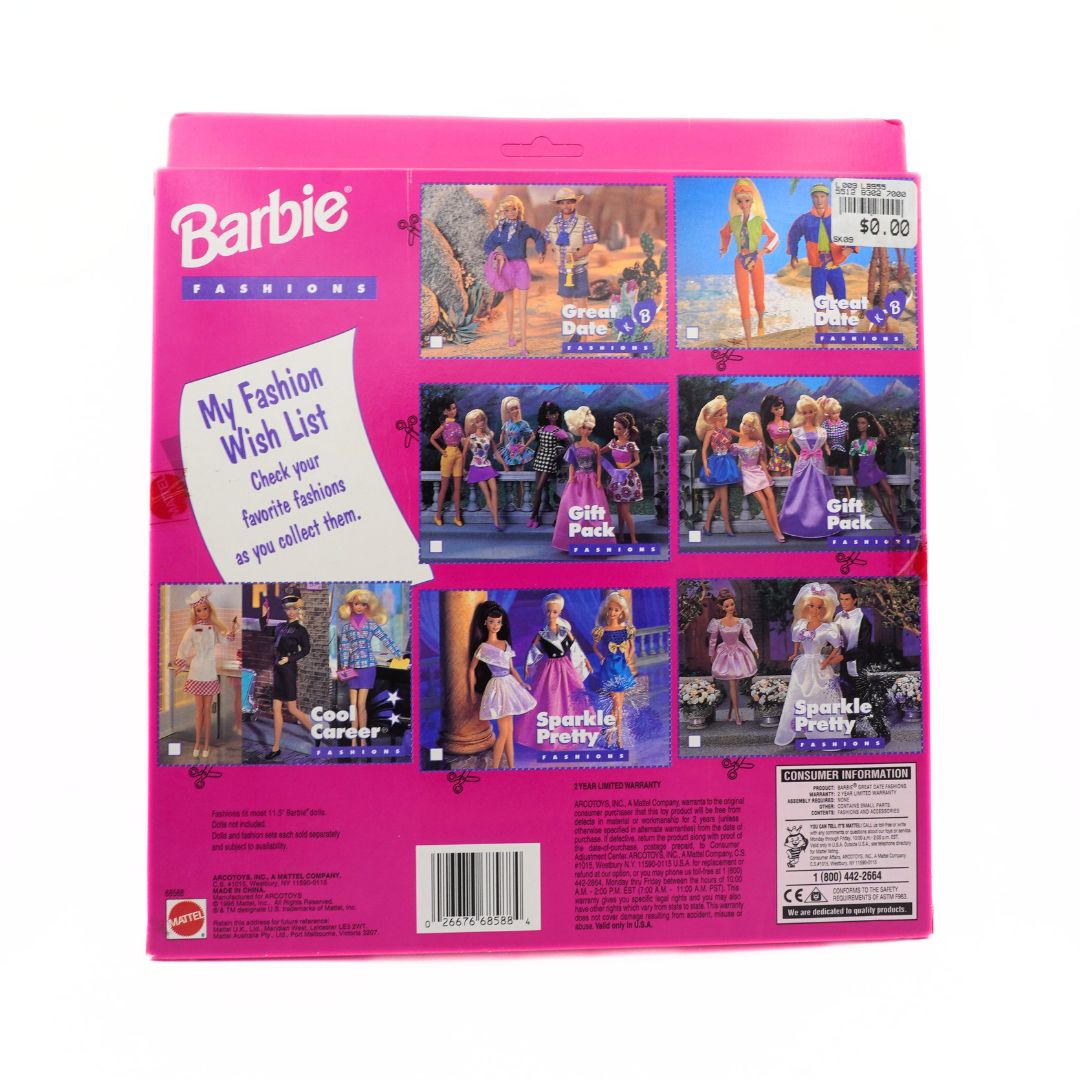 Back of a pink box of 1995 Mattel Barbie outfits showing the various collections in the range