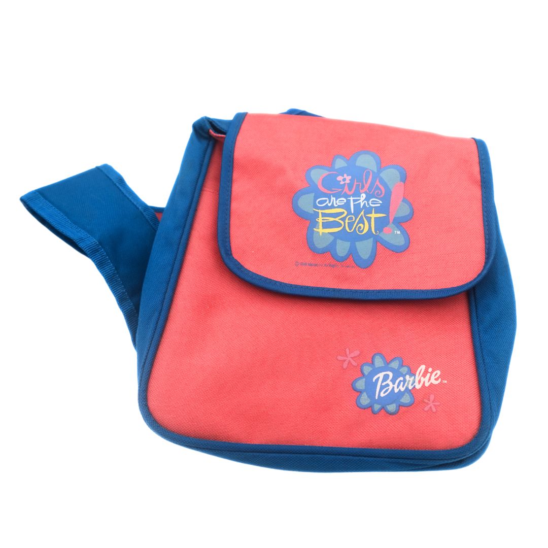 90s pink and blue Barbie sling bag with a flap top and floral details