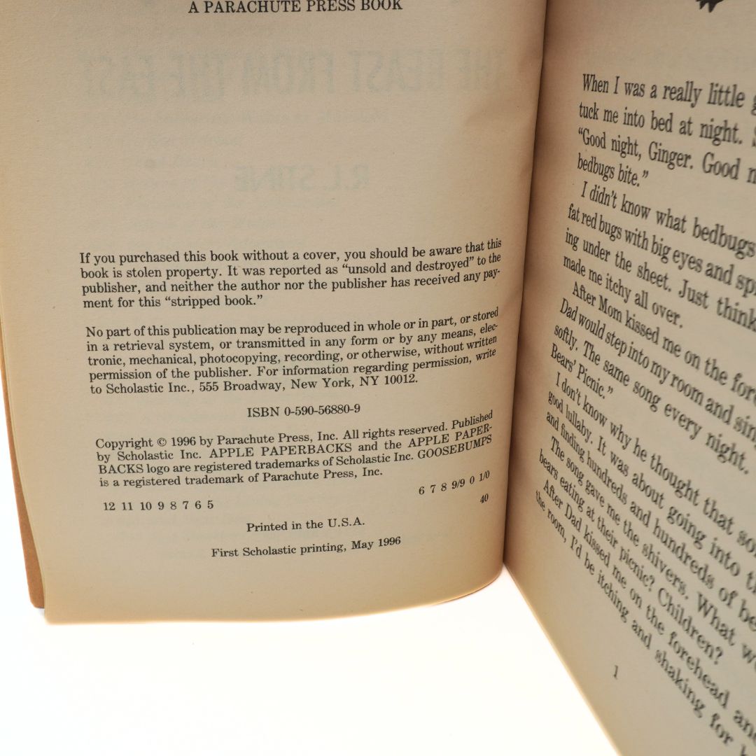 Publishing page from a 1st Scholastic edition of the Goosebumps book The Beast From the East