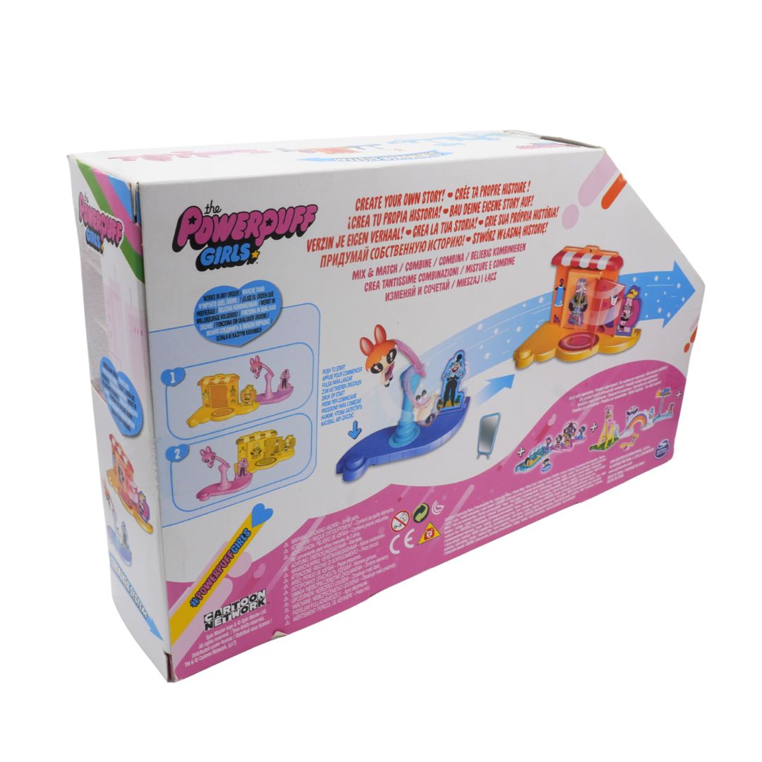 Box of Powerpuff Girls toy set with illustrations and text on a white background
