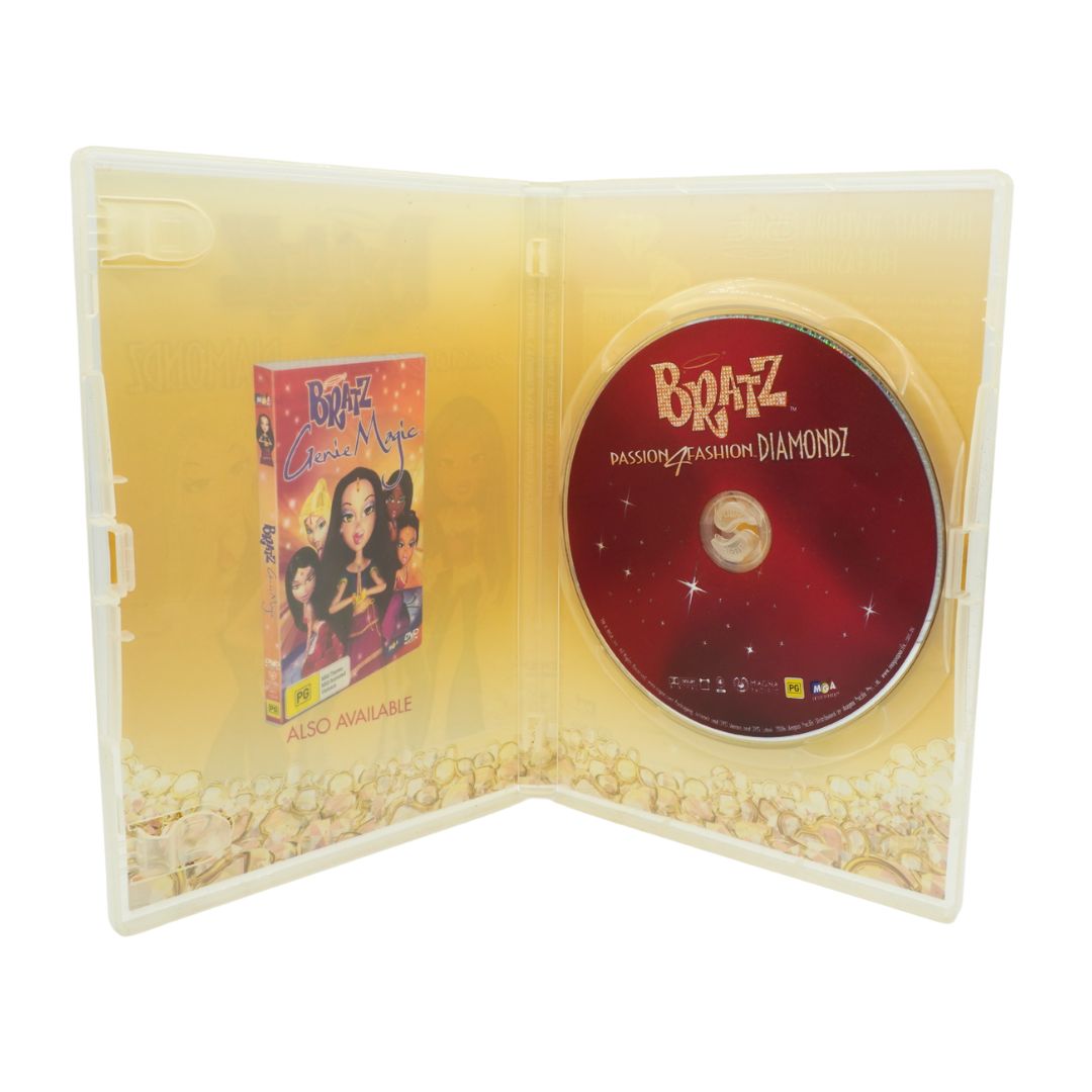 Bratz DVD case with a red disc and movie poster on a white background
