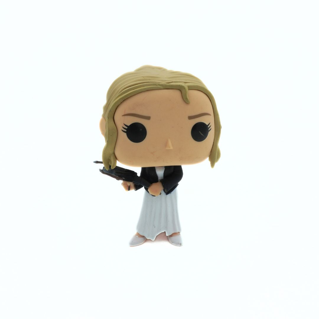 Funko Pop! vinyl figure of a character with blonde hair and a black outfit on a white background