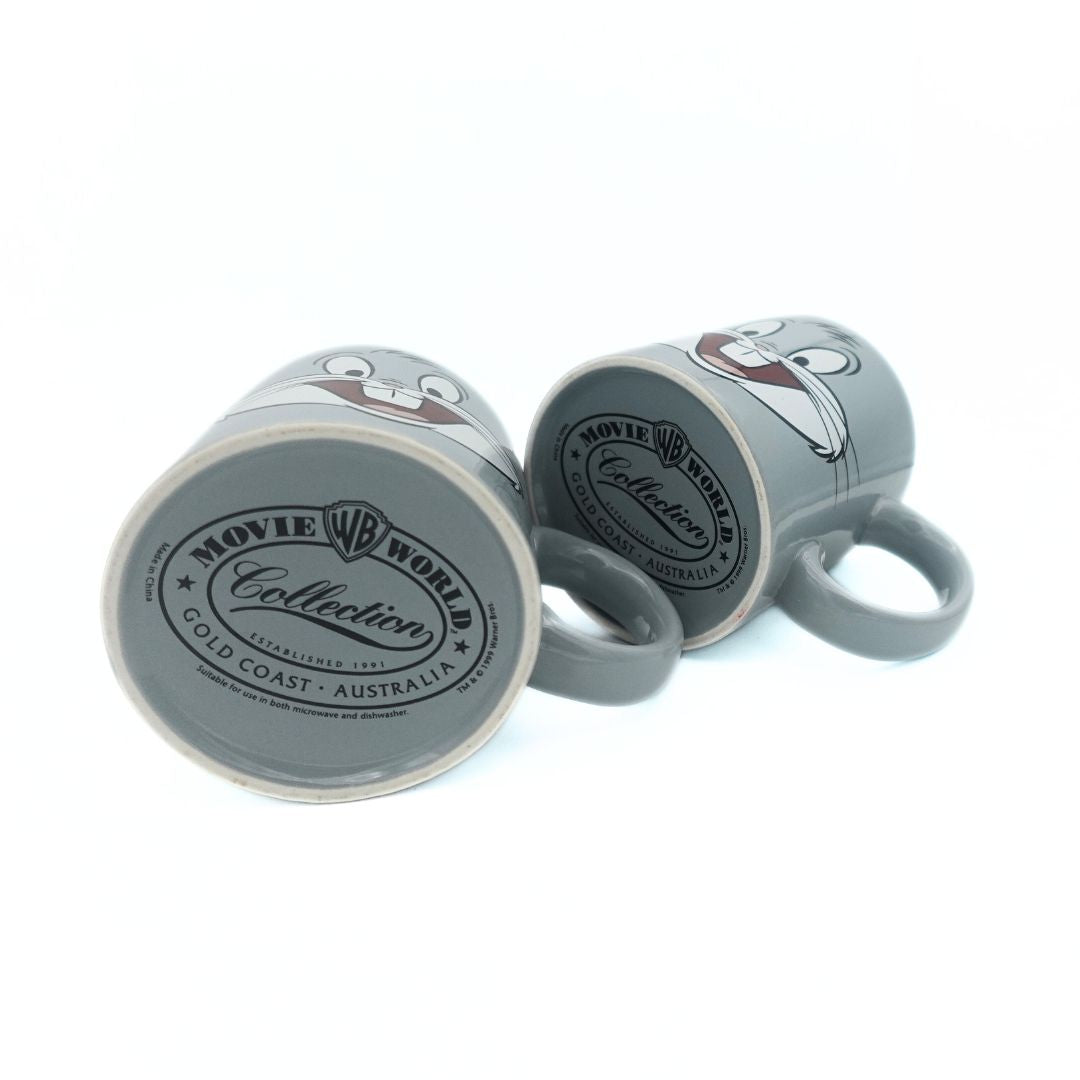 Underside of a set of two Bugs Bunny 1999 mugs released through WB Movie World showing the branding information