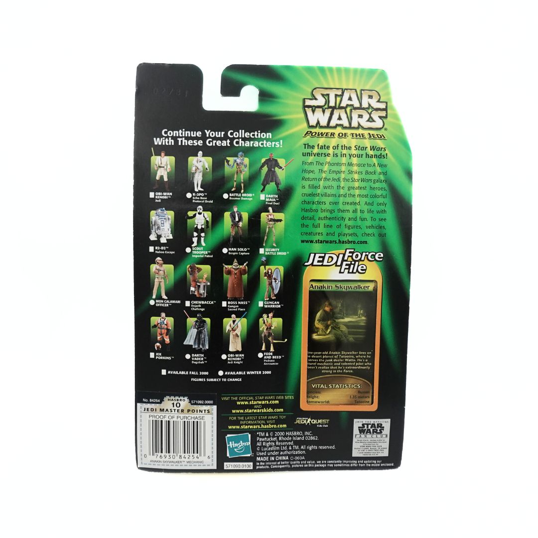 Photo of the back of the Anakin Power of the Jedi toy holding a droid that he is working on, on a green and black cardback