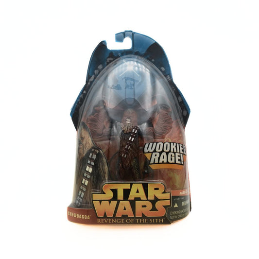 A 2005 Star Wars Revenge of the Sith Wookie Rage! figurine in packaging with a blue and orange colour palette
