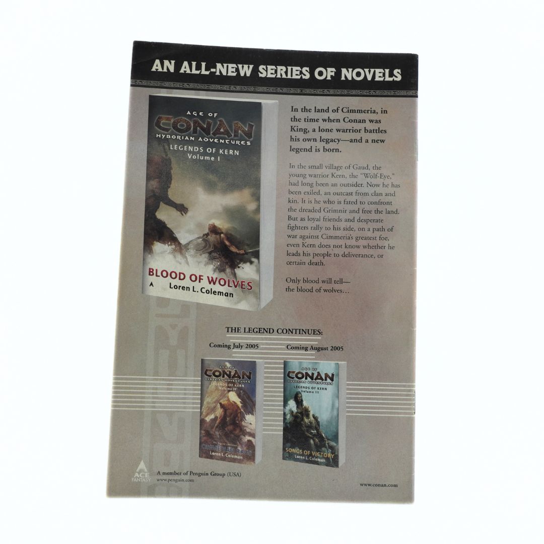 Promotional material for 'Conan' novels with book covers and text on a white background