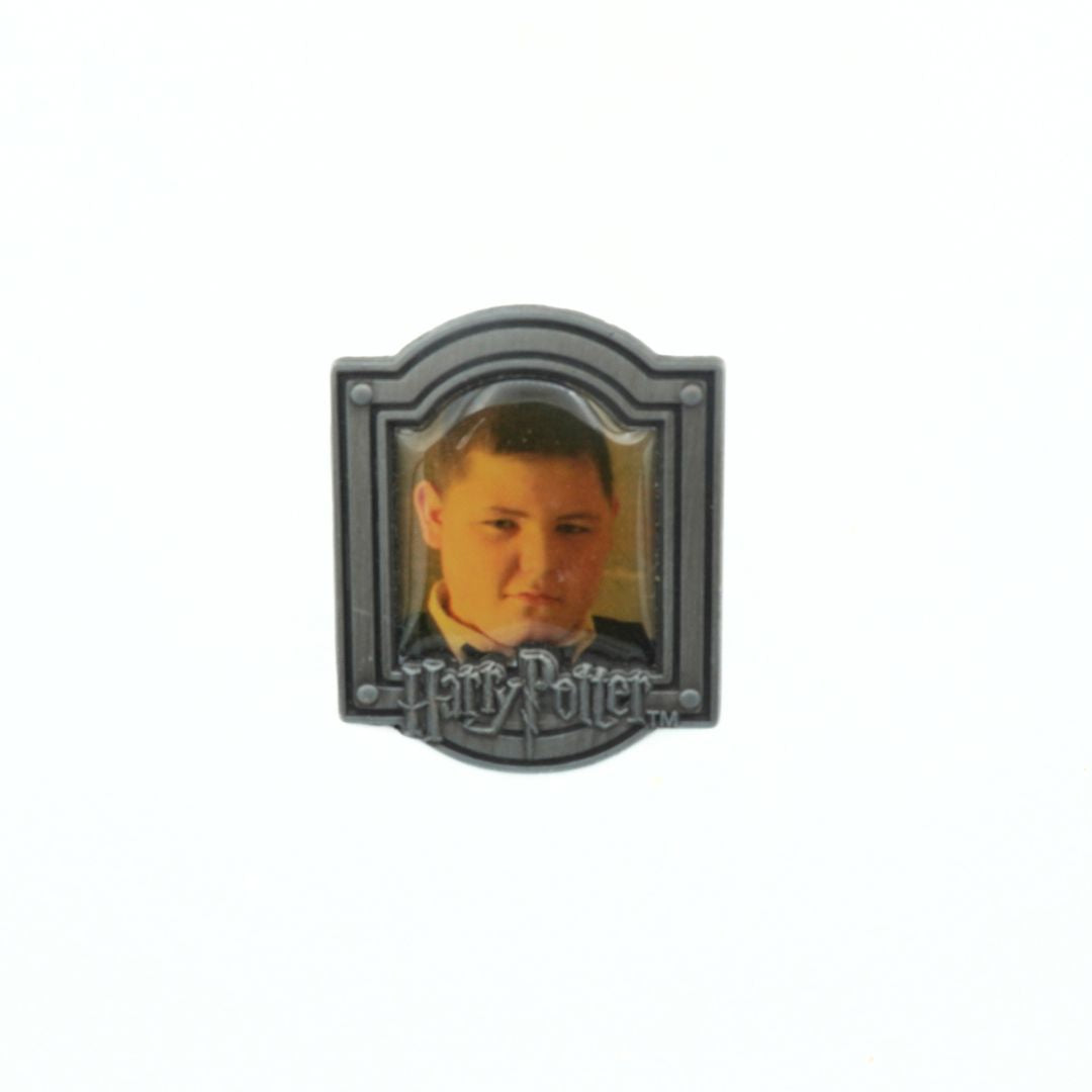 Pin with a portrait of a young boy in a decorative frame on a white background