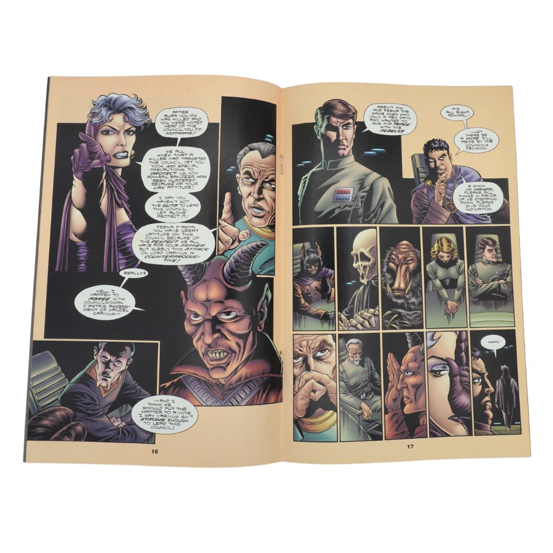 Comic book page with various characters and speech bubbles on a beige background
