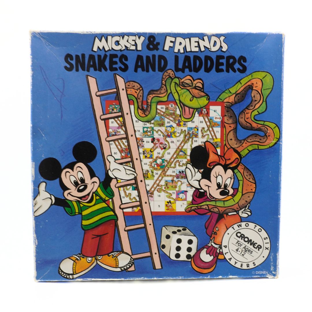 Mickey and Friends Snakes and Ladders board game with a blue backgrounder