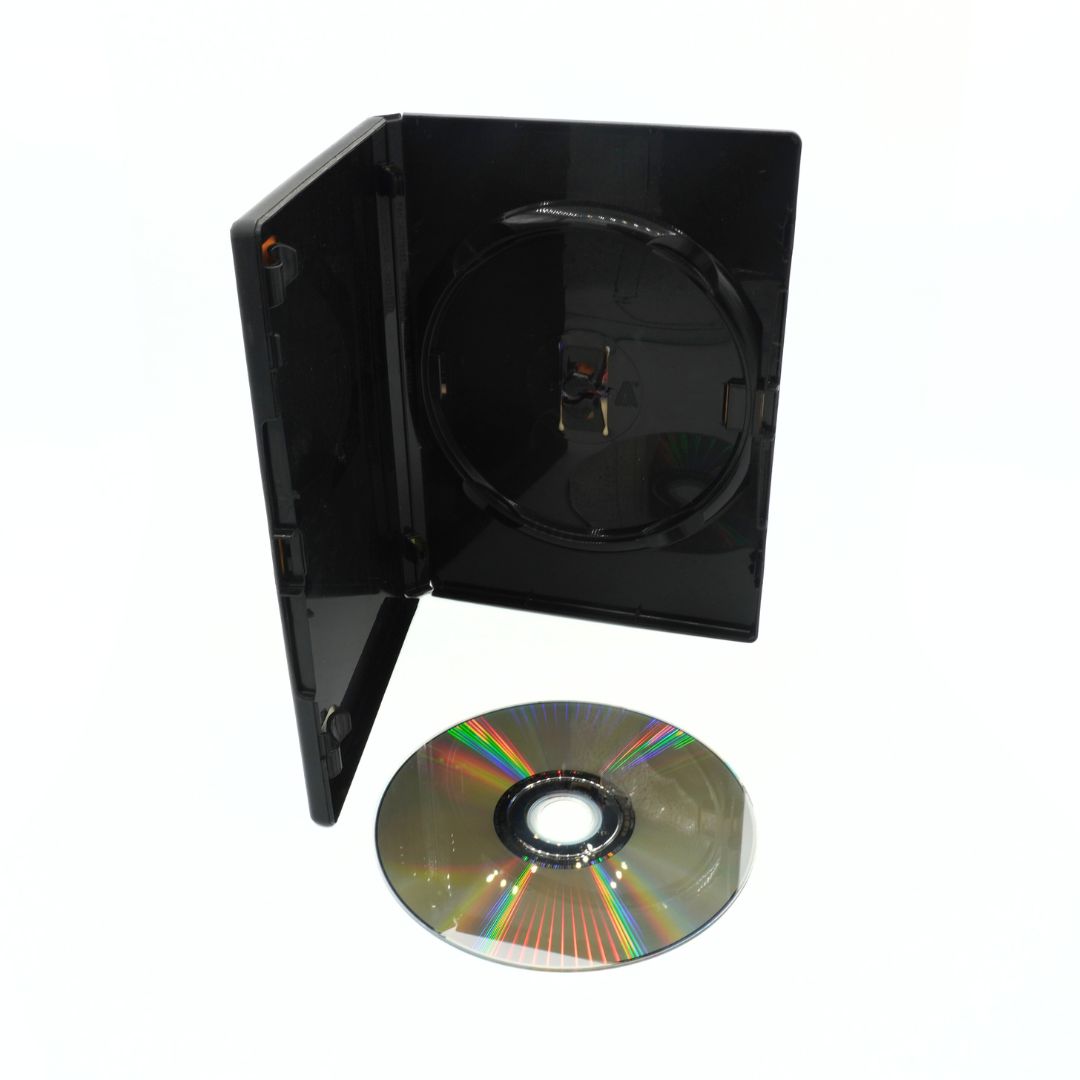 Black DVD case with a disc on a white background