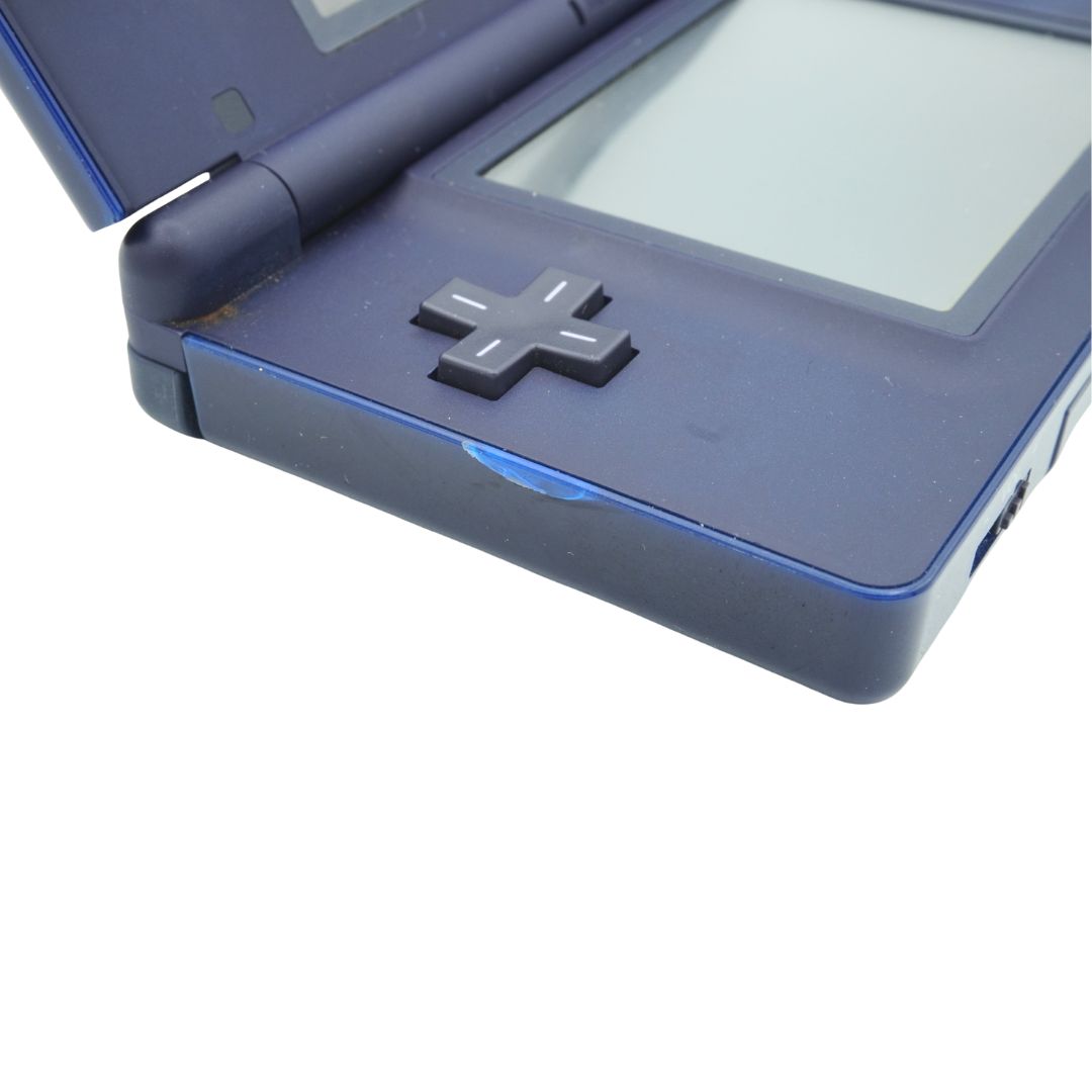 Close-up of a blue handheld gaming console with a white screen on a white background