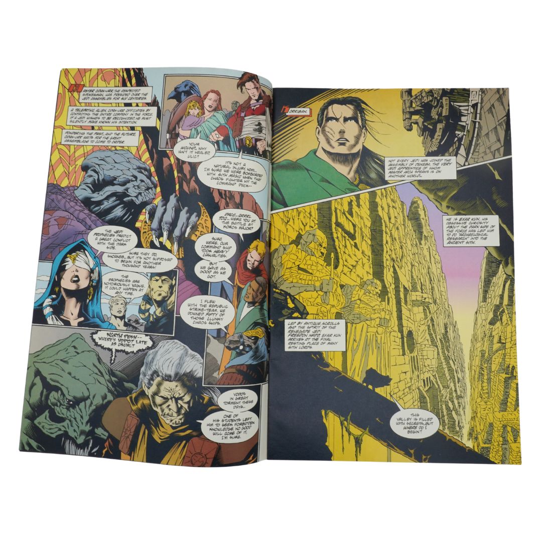 Open comic book with colorful panels and characters on a white background