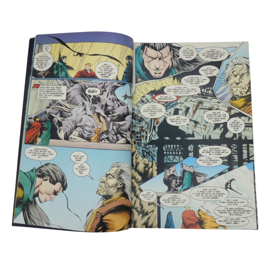 Open comic book with detailed panels and characters on a white background