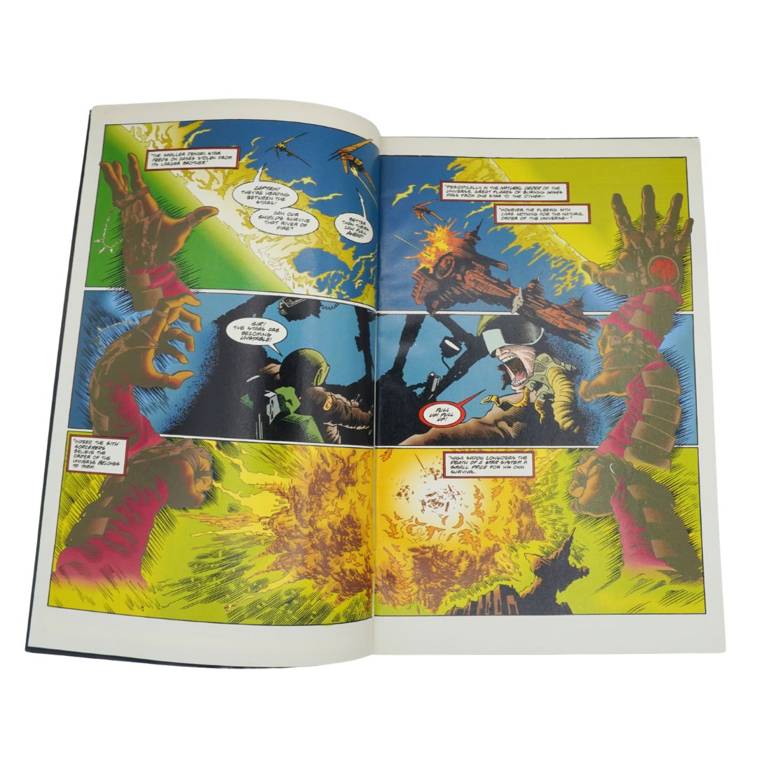 Open comic book page with colorful illustrations and text bubbles.