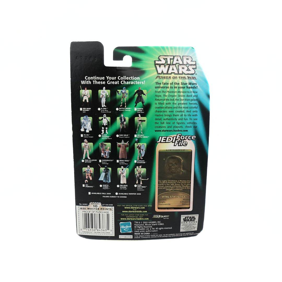 Cardback on the 2000 Hasbro Power of the Jedi Chewbacca Dejarik Champion toy showing other toys in the range