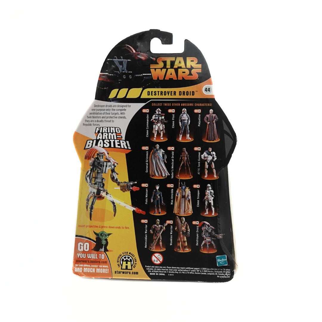 Cardback on an nopened 2005 Star Wars Revenge of the Sith Destroyer Droid with a firing-arm blaster move