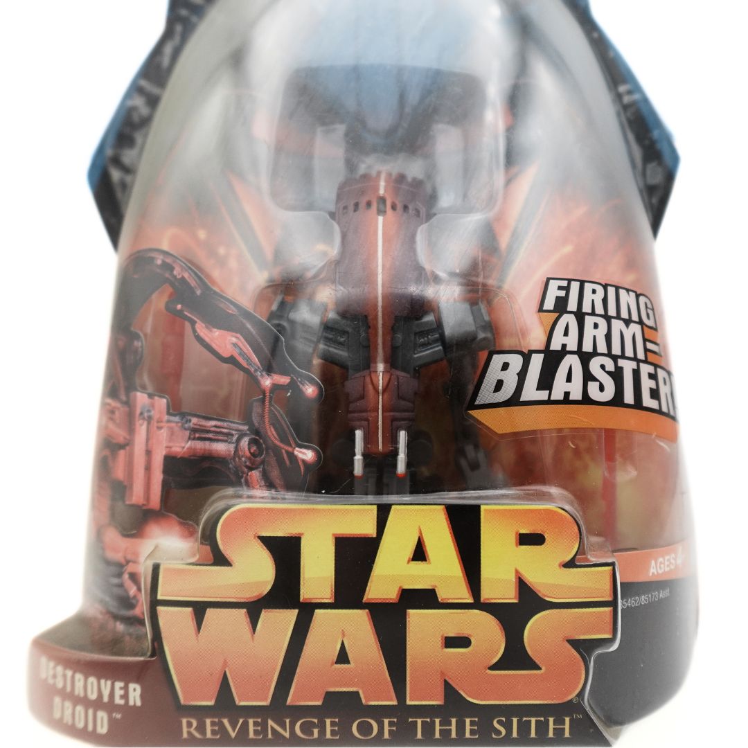 Close up of the Revenge of the Sith Destroyer Droid figurine in its original packaging