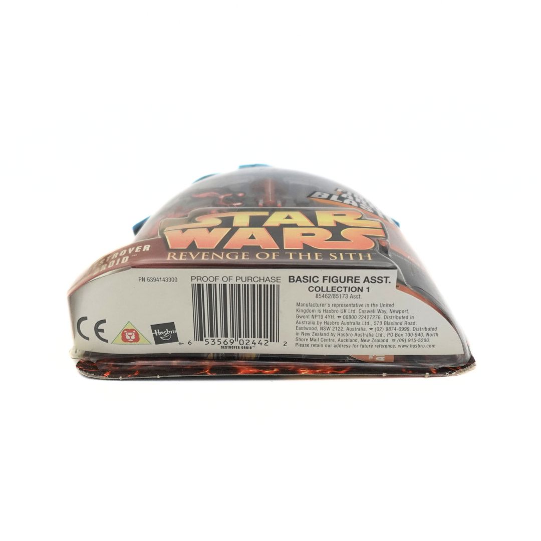 Underside and barcode of the 2005 Star Wars Destroyer Droid with Hasbro branding and copyright information