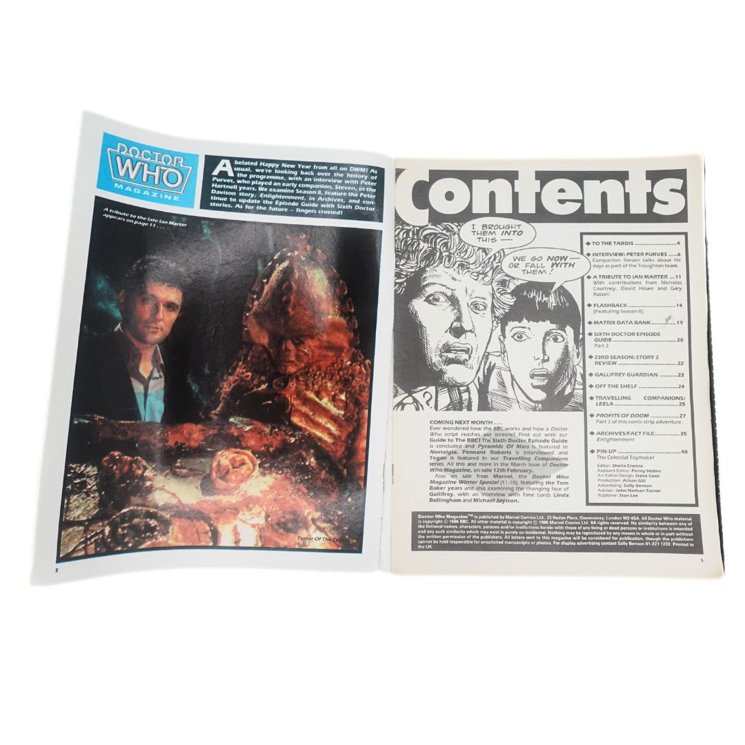 Internal cover and table of contents on the 1987 Doctor Who Magazine, issue 121