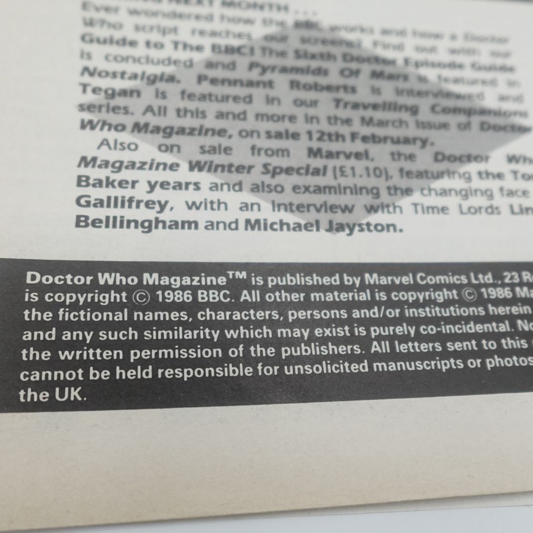 Copyright and publishing information on a Doctor Who Magazine issue 121