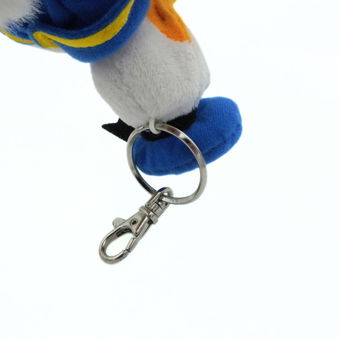Donald Duck keychain with a closeup look at the keyring clasp