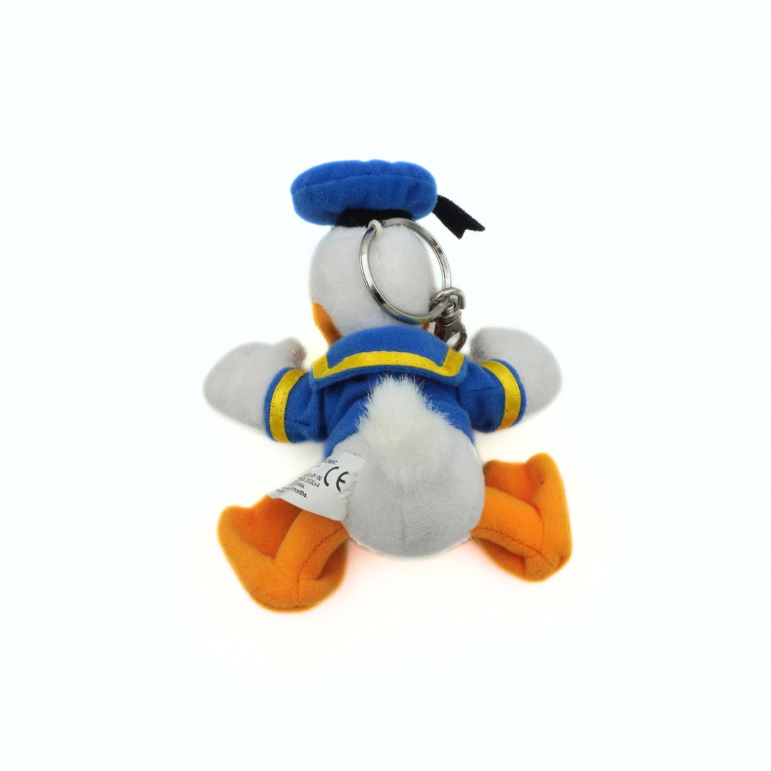 Plush keychain of Donald Duck in blue and yellow outfit on a white background