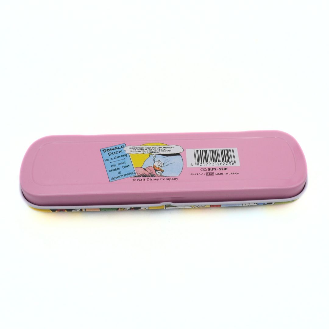 Underside of a pink and comic book themed Donald Duck pencil tin