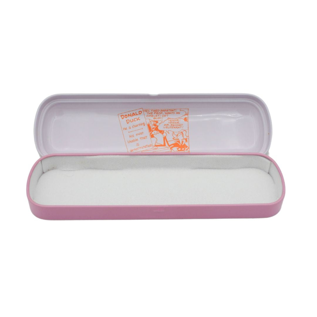 Inside of a pink and white Donald Duck pencil case with an orange comic book frame design