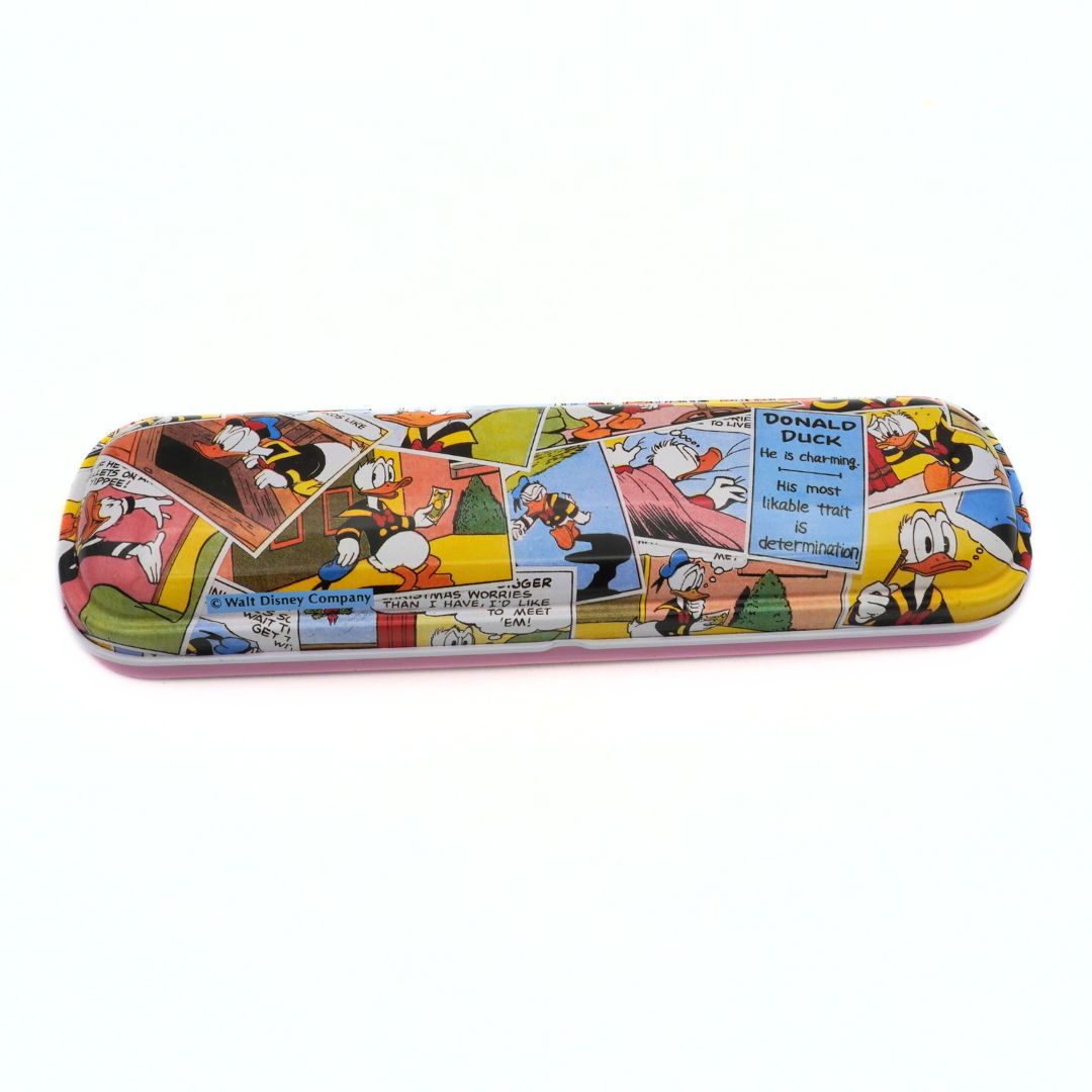 A comic themed lightweight metal pencil tin with a Donald Duck design