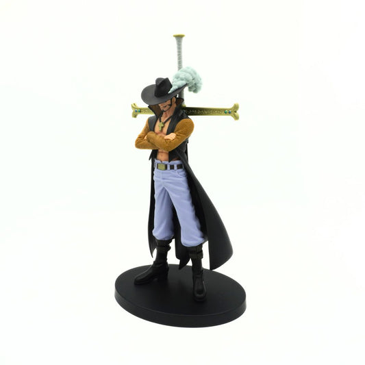 Angled photo of a One Piece Dracule Mihawk figurine on a black stand wearing a black outfit with blue pants