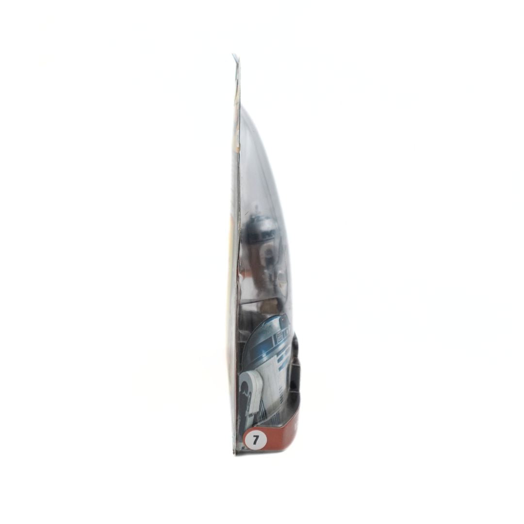 Side on photo of a vintage 2005 R2-D2 Star Wars toy in packaging