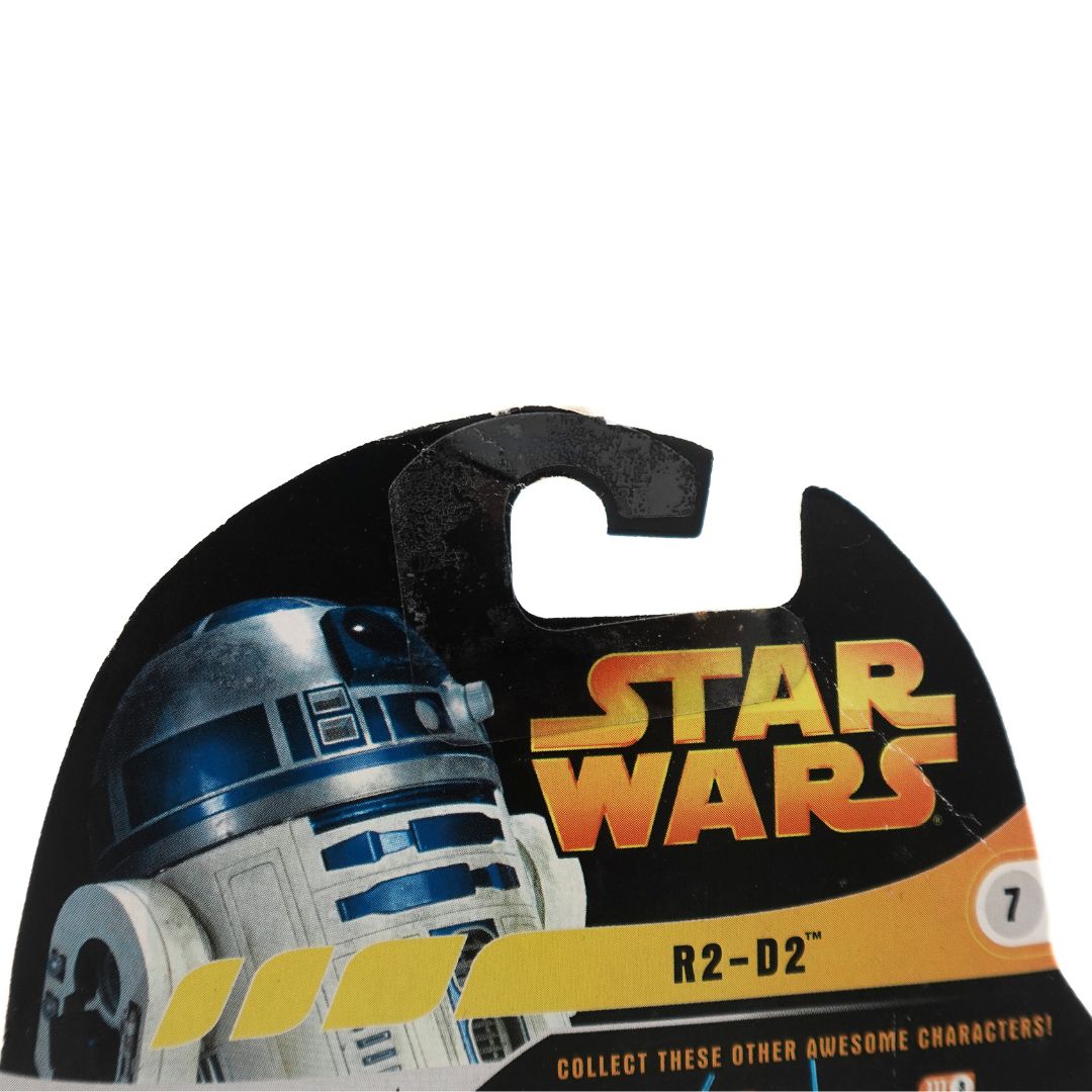 Photo of the back of a cardback on a 2005 R2-D2 figurine showing the swingtag and some creasing