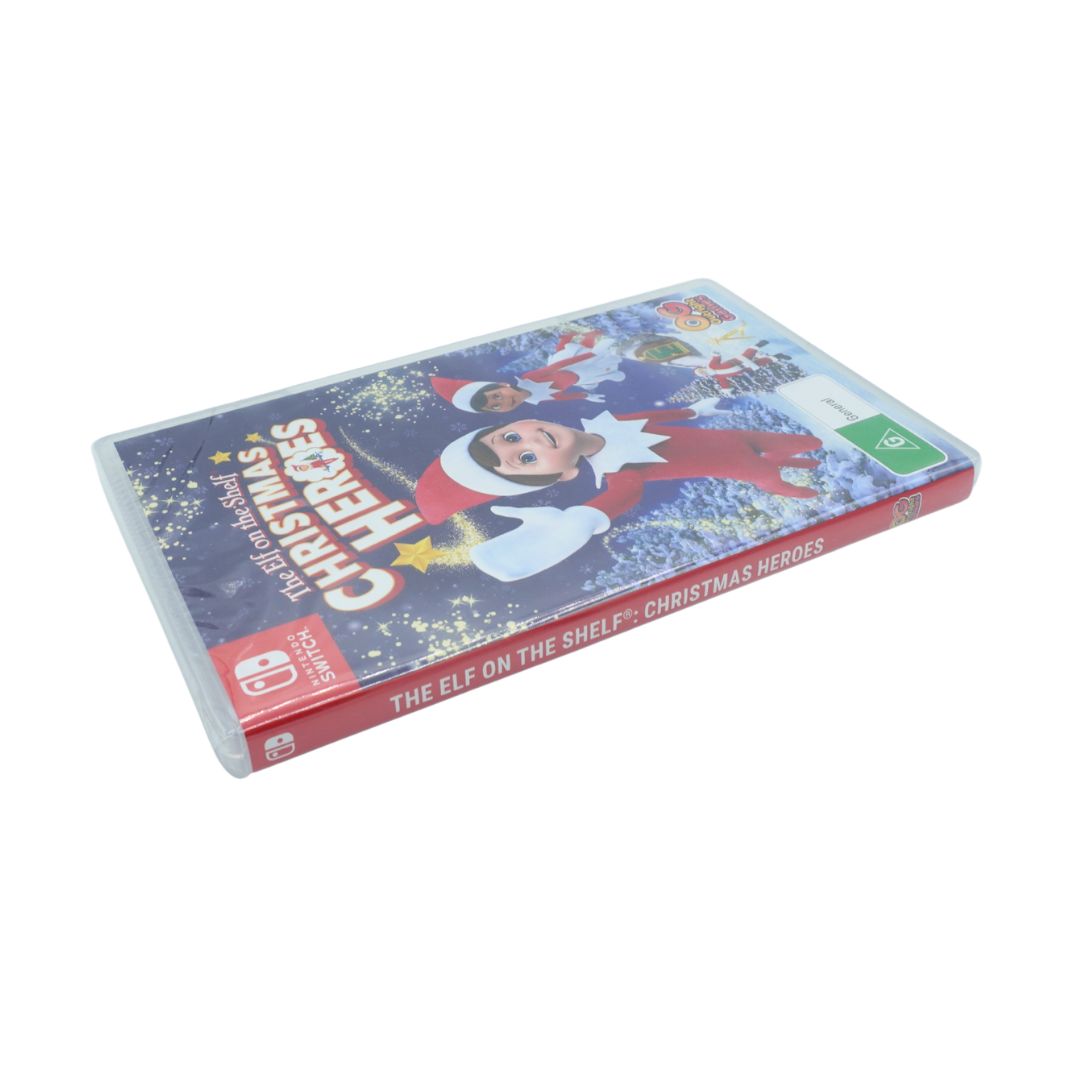 Nintendo Switch game case for 'The Elf on the Shelf: Christmas Heroes' featuring festive artwork of an elf on a snowy blue background with red title text.