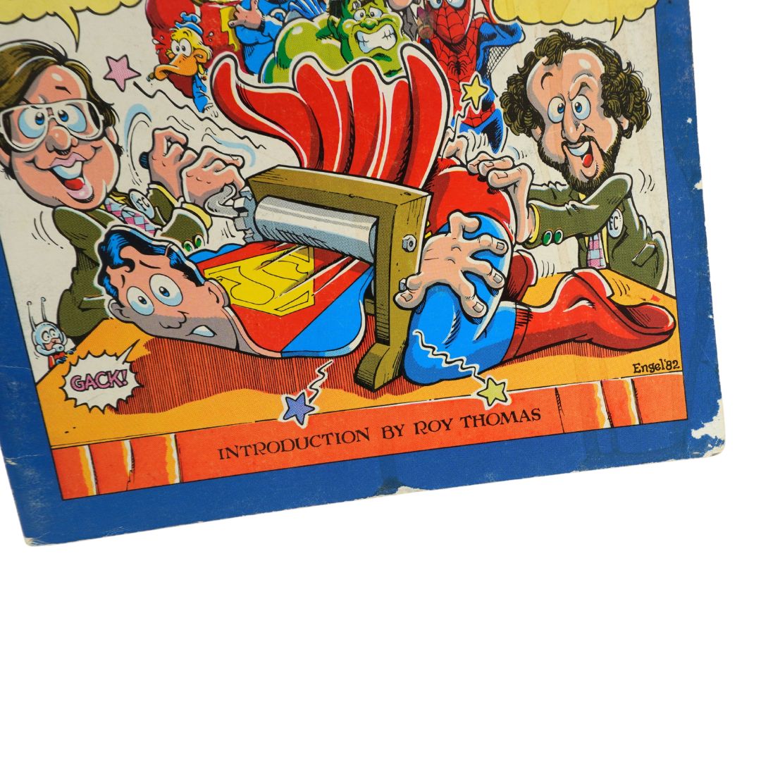 Corner of a blue and red comic book with an introduction by Roy Thomas on a white background