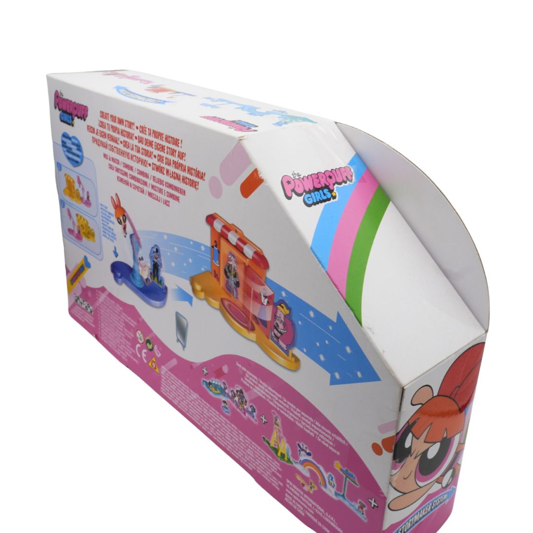 Toy packaging with colorful graphics and character illustration on a white background