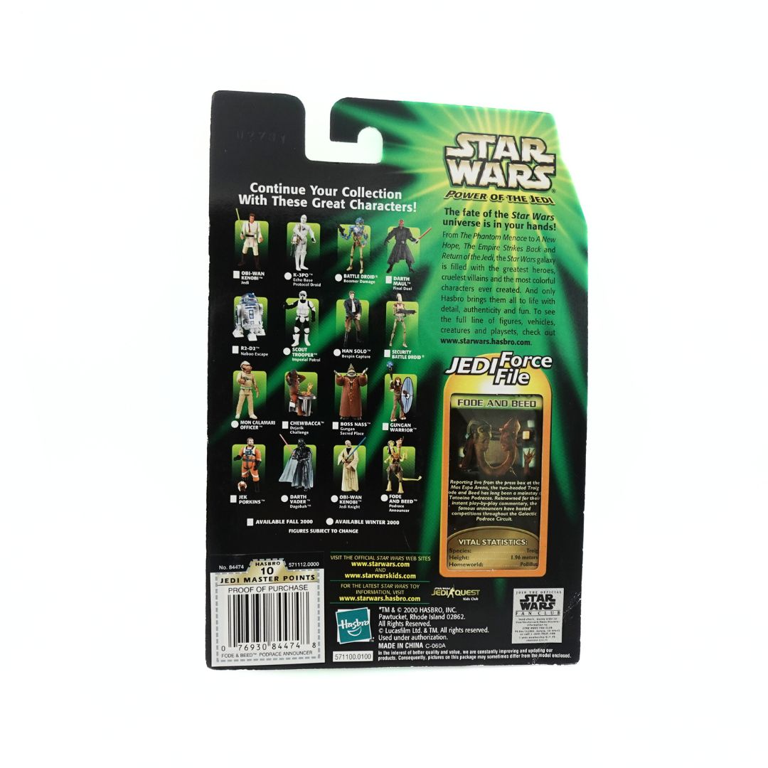 Back on photo of a 2000 Star Wars Power of the Jedi Fode and Beed figure in its original packaging with a green background