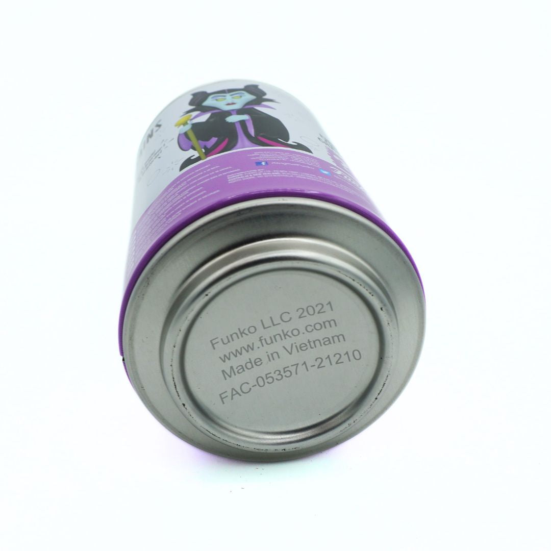 A spray paint can shown from its bottom end, featuring a purple label with a cartoon character and the brand name Funko LLC printed on the silver metal base.
